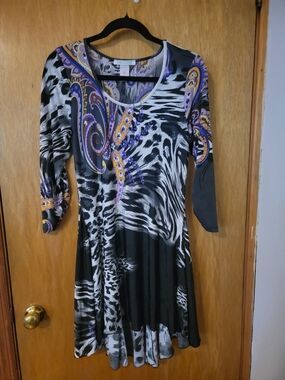 Atmosphere Black Long Top with Purple and Gold Paisley Print